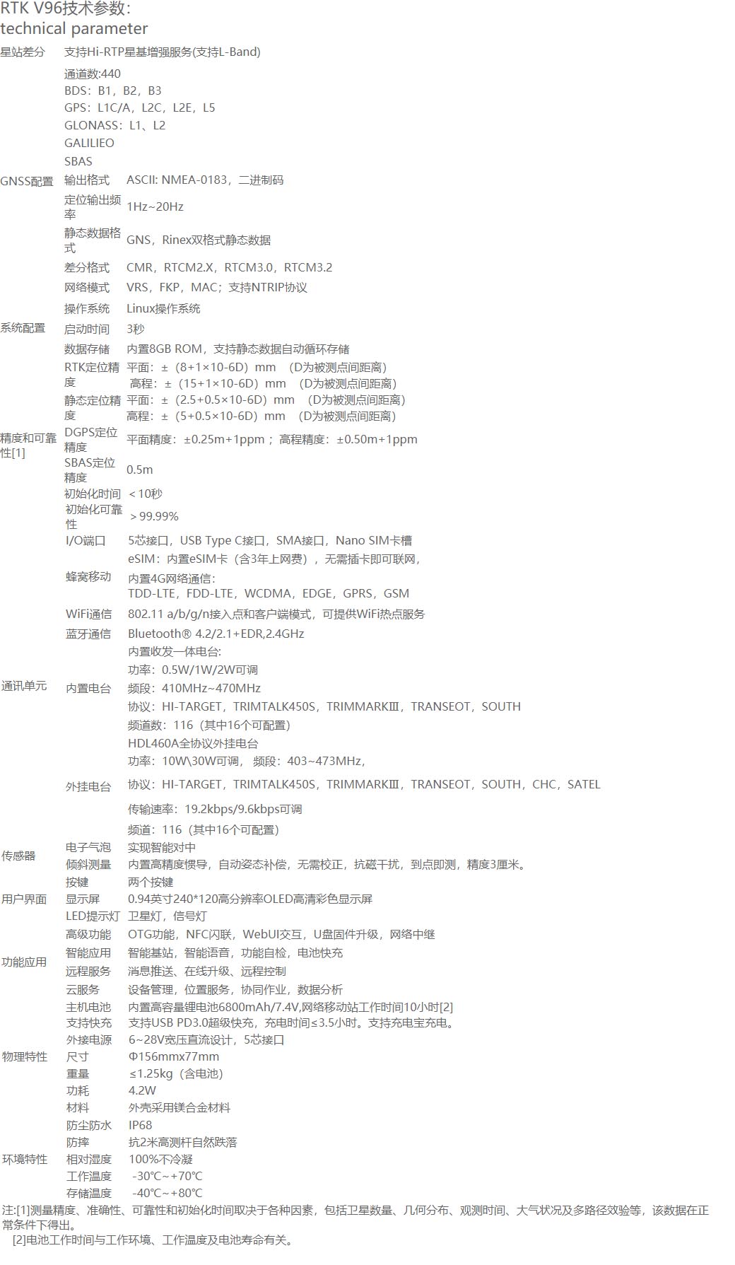 中海達V96智能RTK系統(tǒng)技術(shù)參數(shù)